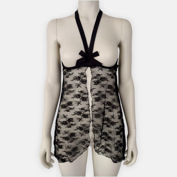 Vintage 2000s Frederick’s of Hollywood Black Lace Open Cup Halter Babydoll - Picture 1 of 14